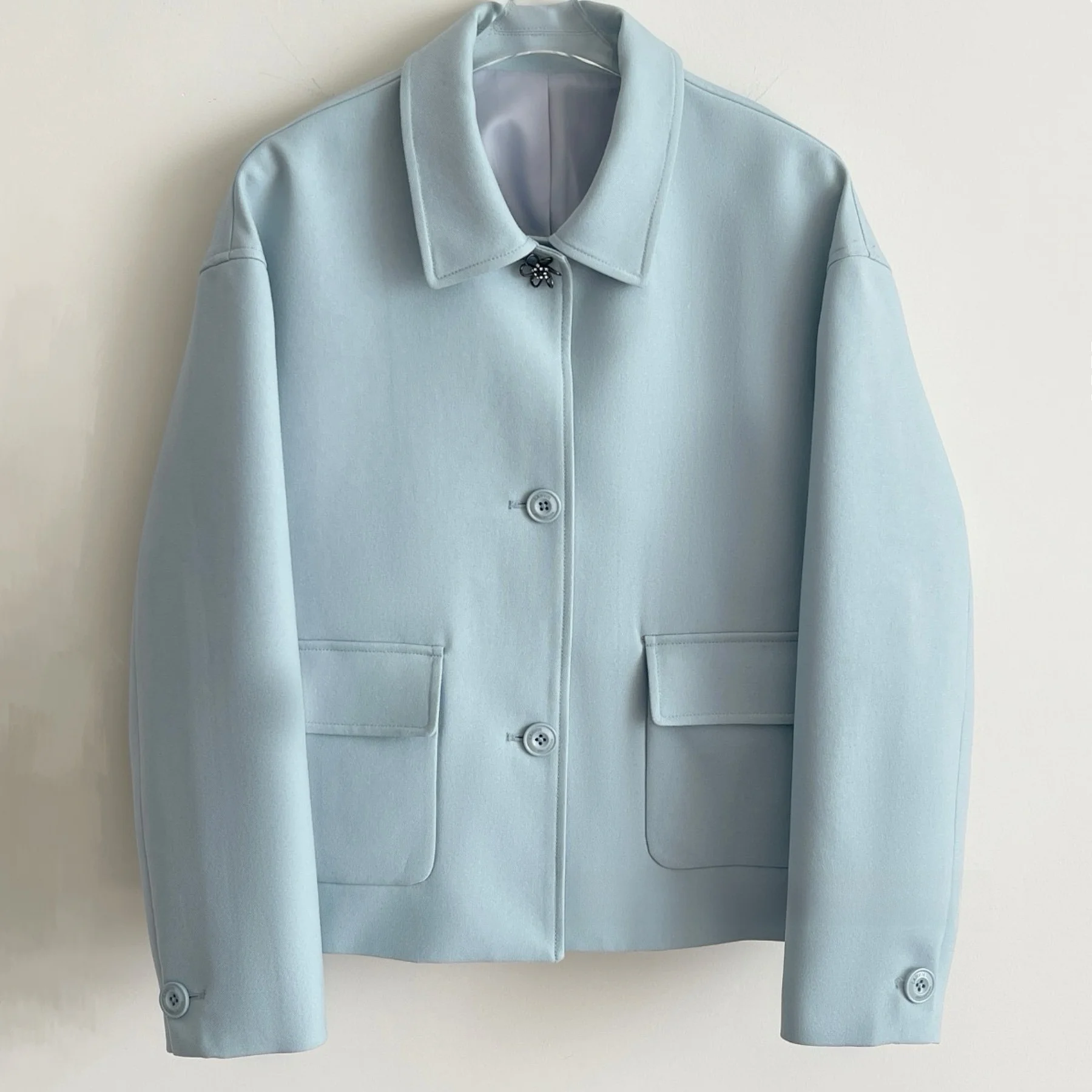 Lemon CheeseLAN25 Autumn Commute Sle ort Woolen Coat Button-Up Collar Jaet Versatile Simple Design Ladies Outerwear