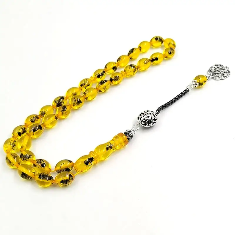 Tasbih men Yellow resin Real insect turkish misbaha Muslim Eid ADHA gift prayer beads bracelet arabic Fashion accessory on hand - 5
