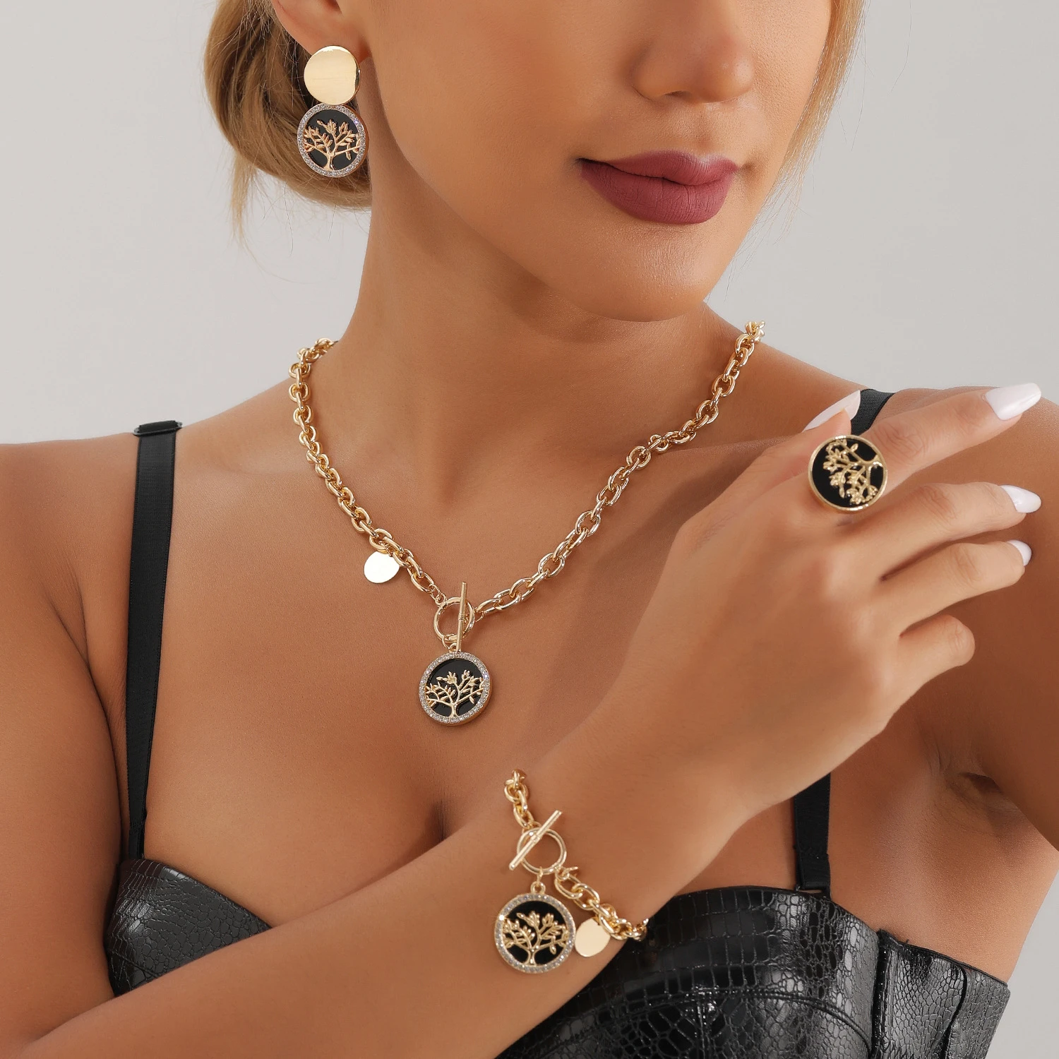 

WAKA Women Tree Pattern Jewelry Set Necklace Bracelet Ring Earrings Chunky Chain Statement Elegant Party Daily Wear Accessories