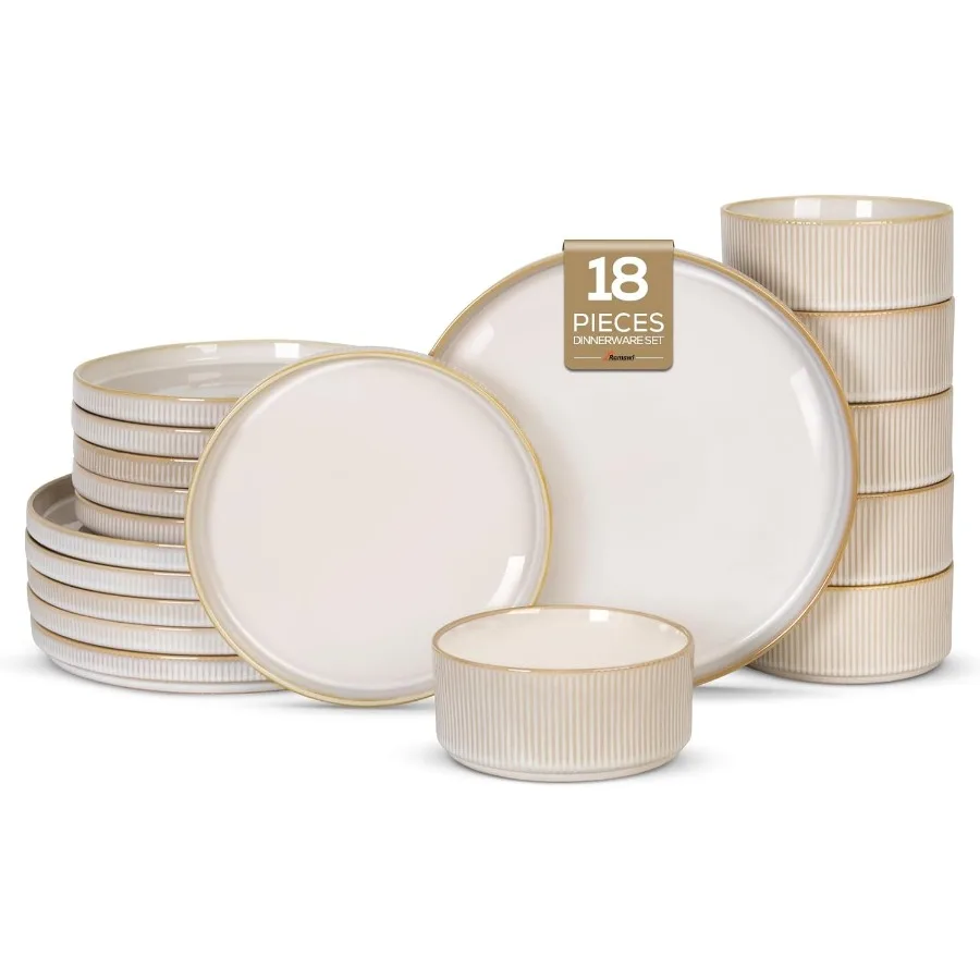 

Ceramic 18Pcs Dinnerware SetsStoneware Plates and Bowls Set for 6 Chip and Scratch Resistant Ribbed Dish Set Handmade Reactive