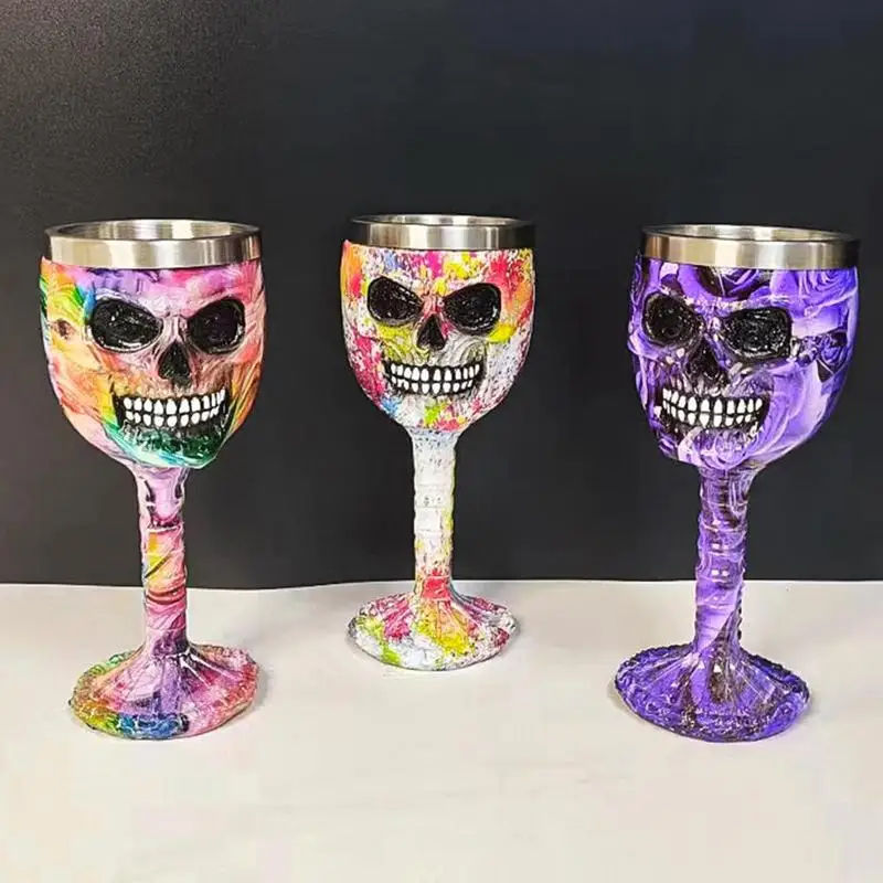 Resin Goblet Skull Halloween Wine Glass Halloween Goblets Halloween Decor Accessories Hand-Drawn Resin Stainless Steel For Wine