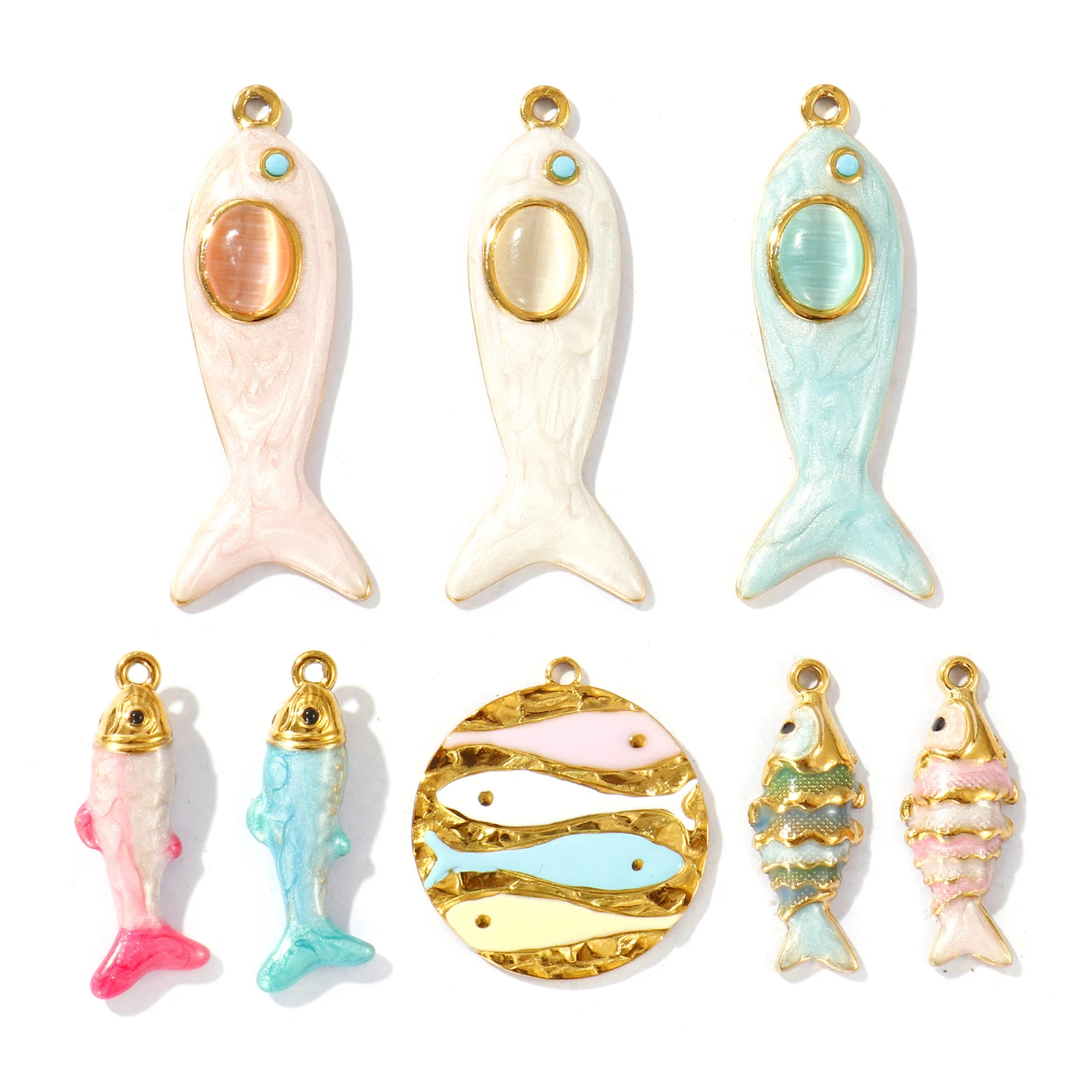 2 PCs Ocean Charms 18K Gold Plated Enamel Fish Shaped 304 Stainless Steel Pendant For DIY Necklace Jewelry Making Findings