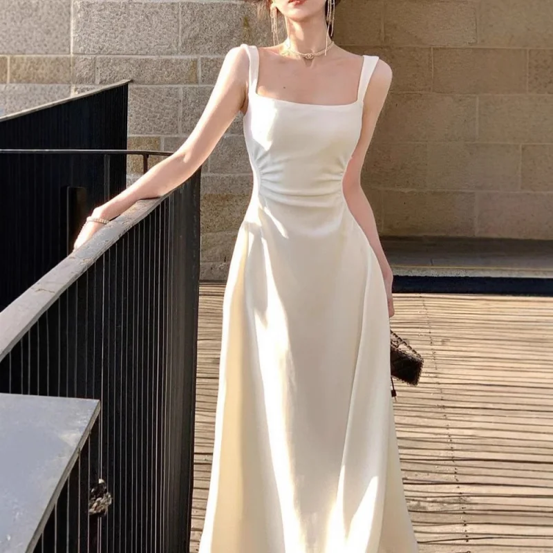 French Style White First Love Strap Dress High-End Feel Women's Summer 2025 New Spring Elegant Slim Fit Long Dress