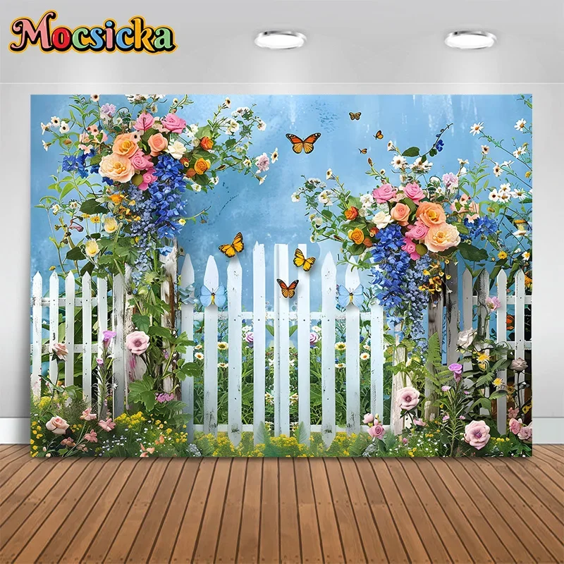 Mocsicka Spring Photography Backdrop Happy Birthday Party Floral Fence Butterfly Background Cake Smash Portrait Photo Banner