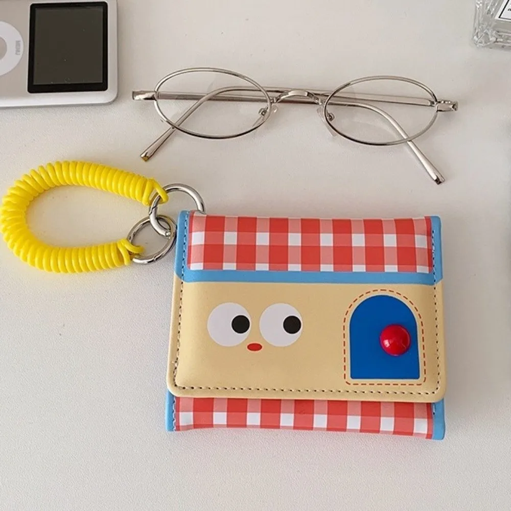 Multifunctional Dopamine Color Short Wallet Ultrathin Tri-fold Leather Card Holder Compact Spring Rope Cartoon Coin Purse Card
