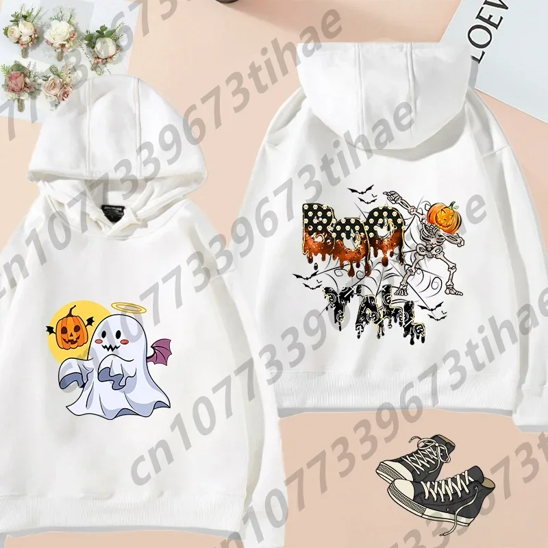 New Style Halloween White Hoodie, White Coat, Ghost Pumpkin Skeleton, Sports Coat, Harajuku Print Children's Hoodie Adult Hoodie