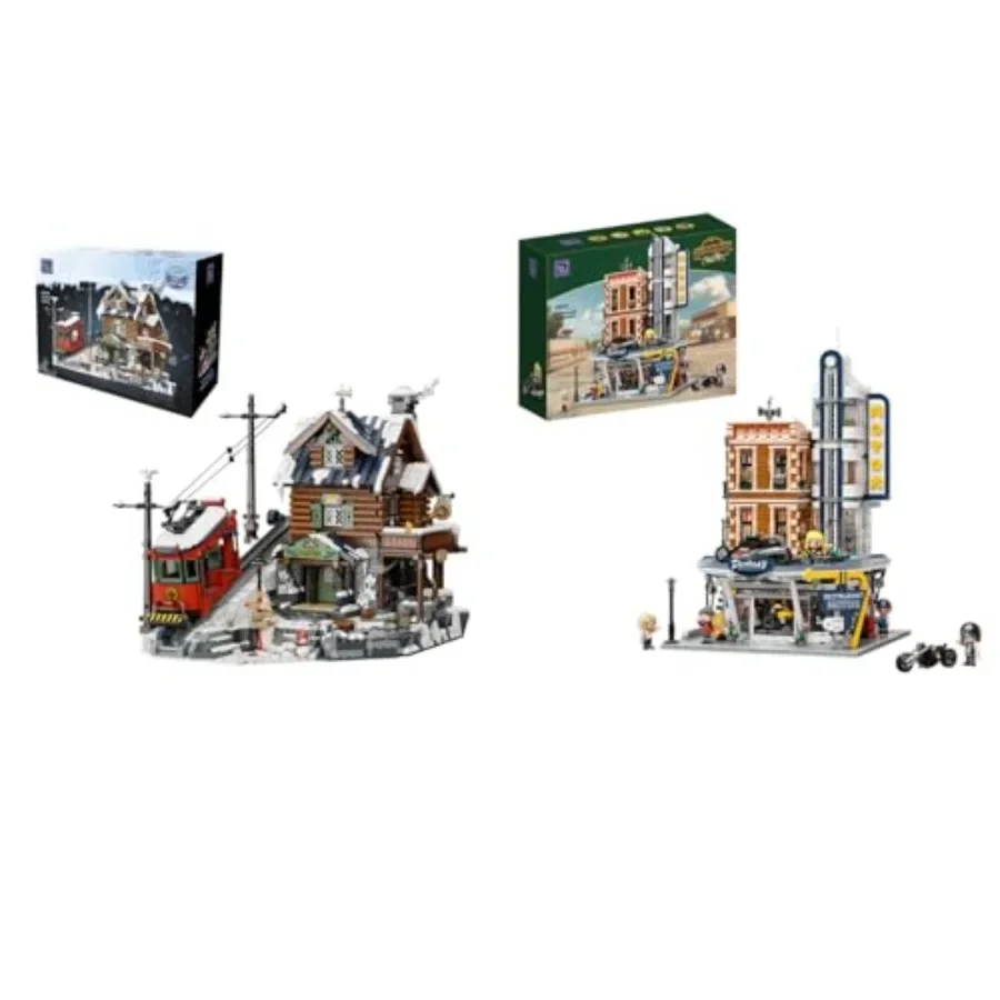 

Winter Alpine Ski Lodge Retro Motorcycle Diner Building Blocks Set 3-Story Mountain Cabin with Cable Car and Snow Scenes + Modu