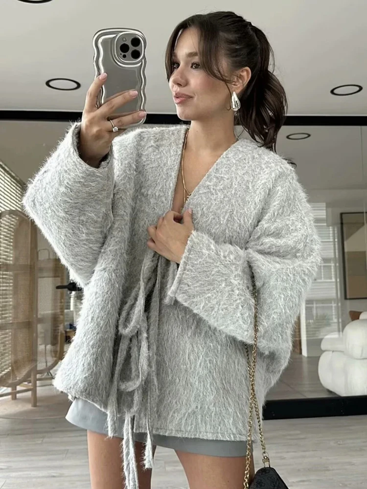 Cardigan ample et chaud vintage pour femme, col en V, manches longues, nœud papillon, couleur unie, tempérament décontracté, patchwork, bureau, banlieue, pull printemps automne, nouveau cardigan chic pour femme