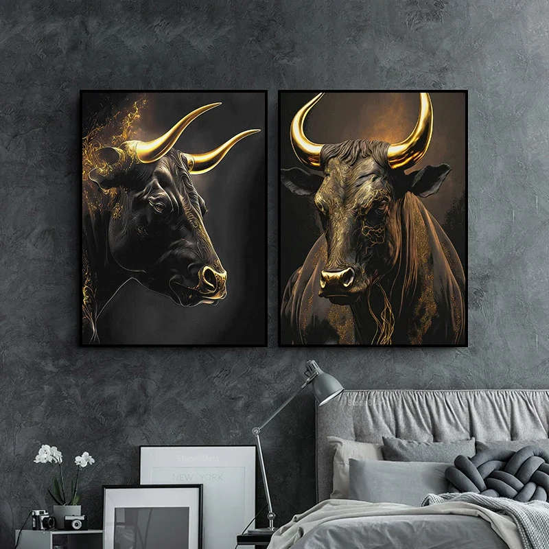 1pc frameless Retro Golden Style Bull Trader Stock Market Bull Art Poster Canvas And Print Picture for Living Room Office Home D