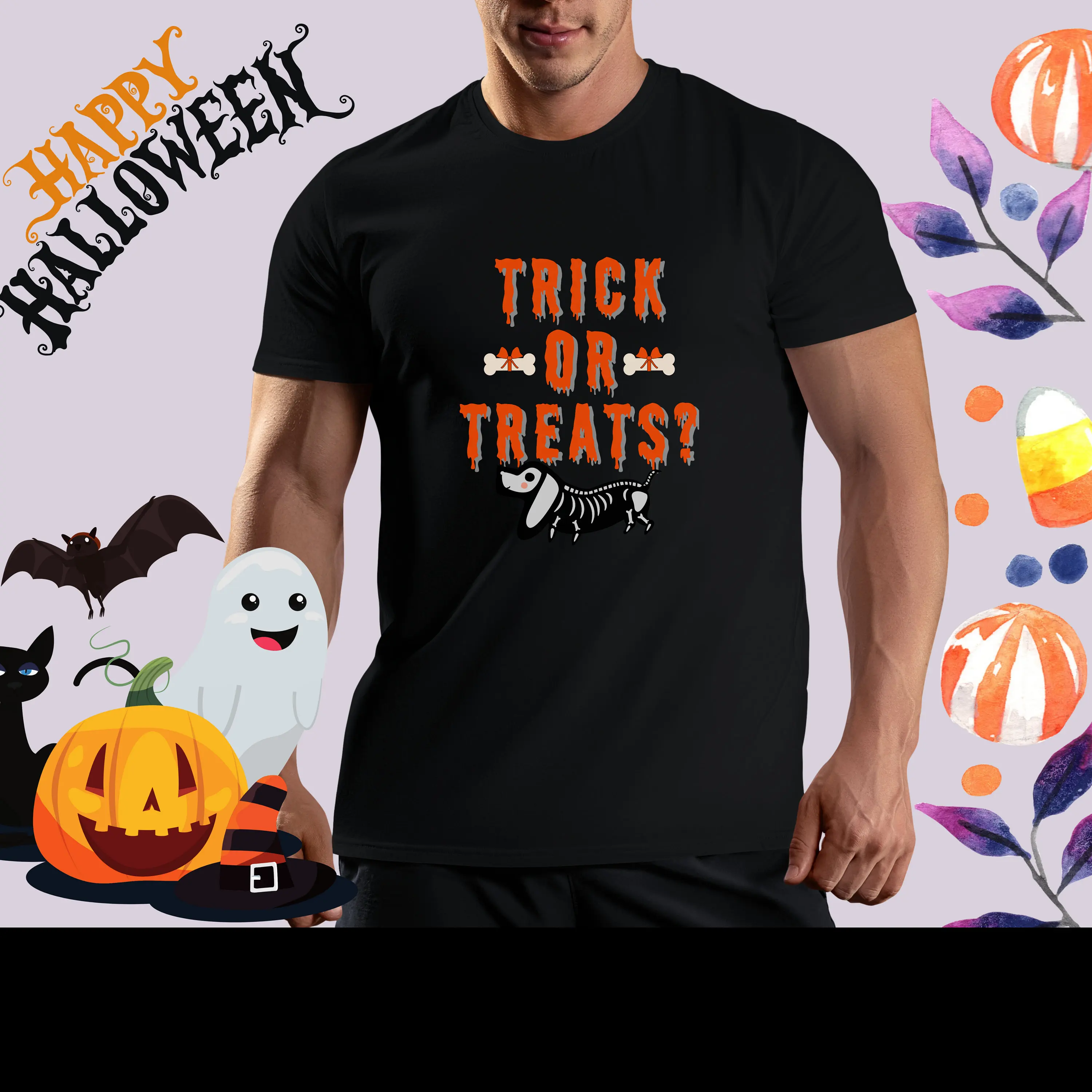 Dachshund Skeleton TRICK OR TREATS Halloween T Shirt Doxie for Her Him