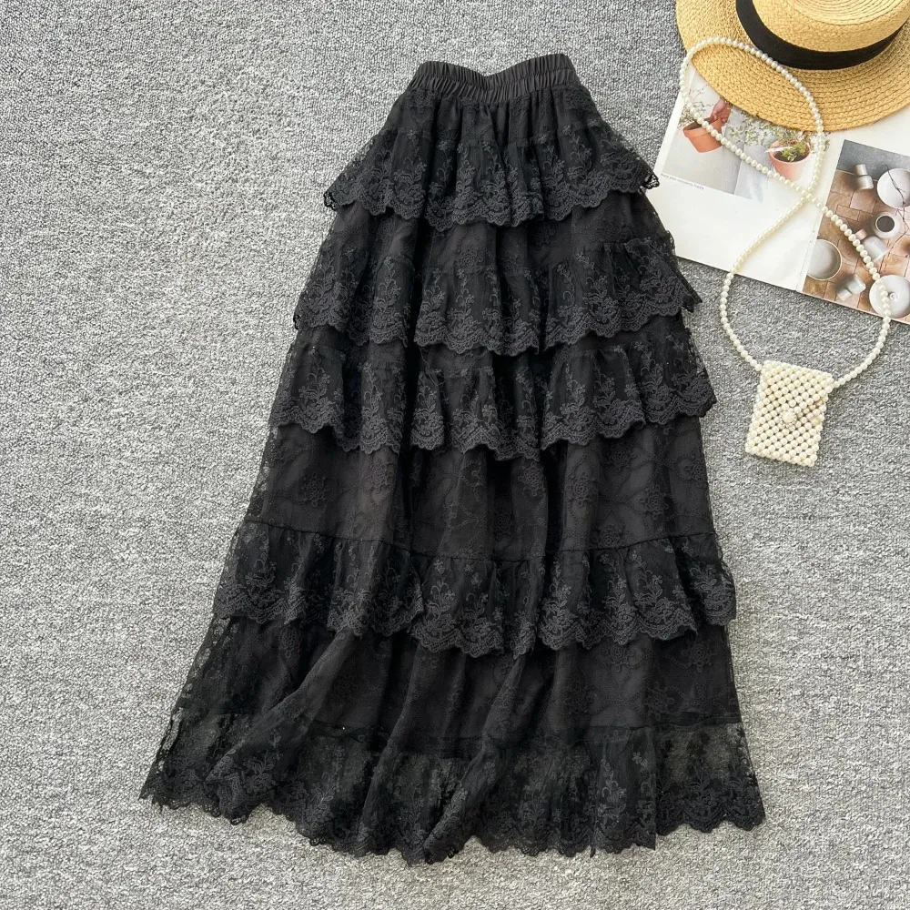 Sweet Lace Embroidered Hook Flower Basics Casual Elastic High Waist Fairy Mesh Ball Gown Skirt French High Street Women Clothing