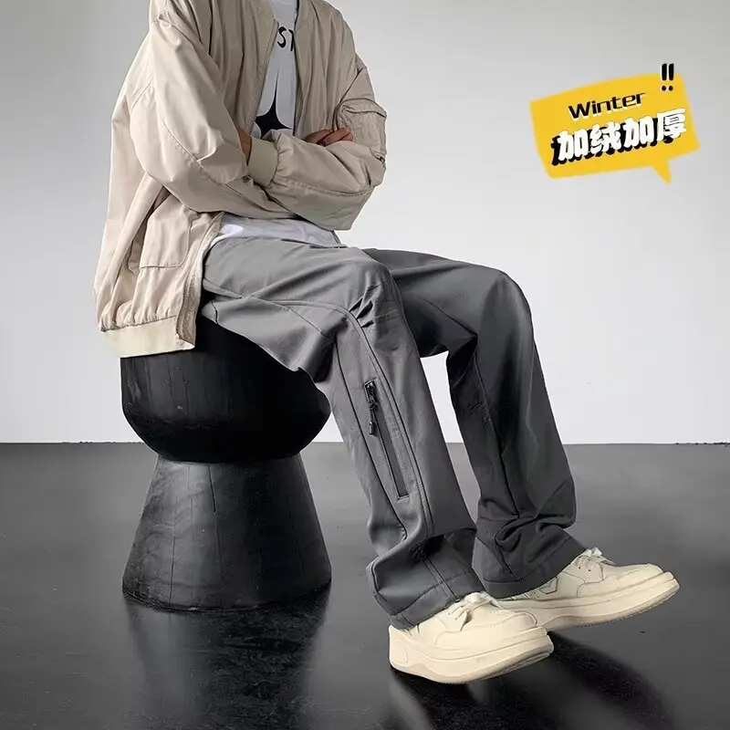 남성용 겨울 플러스 벨벳 두꺼운 방한 지퍼 방수 하이킹 팬츠 루즈 스트레이트 캐주얼 바지