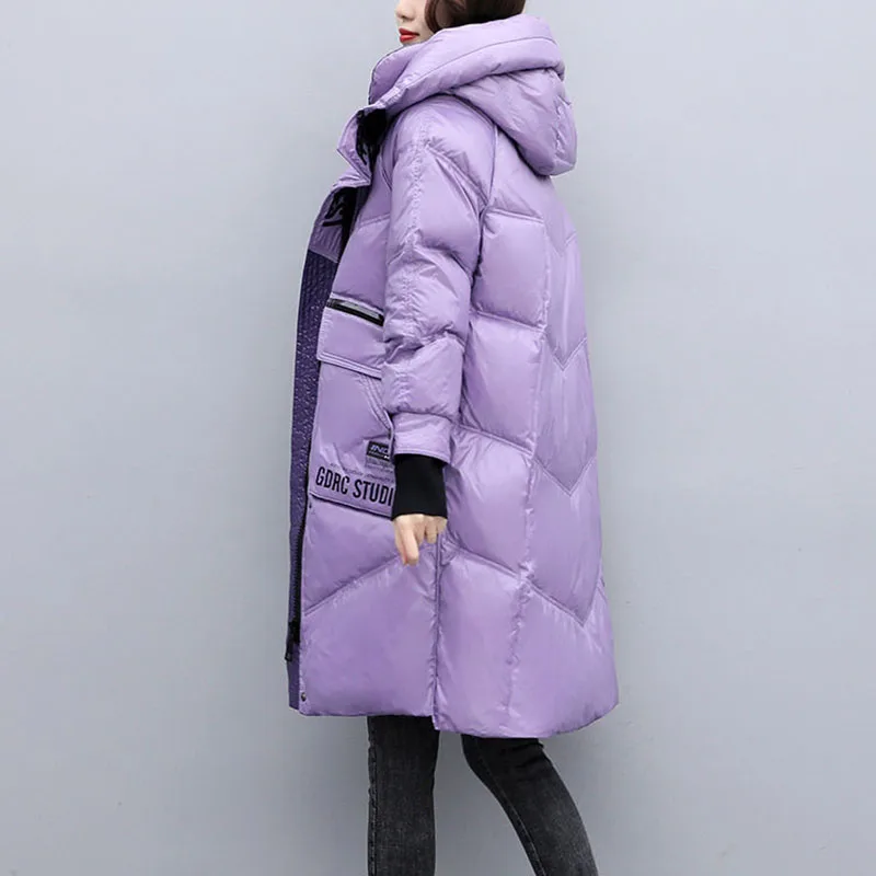 New Fashion Black Bright Face Down Jacket Women Long Winter Warm Hooded Parker Overcoat Snow Female 90% White Duck Down Coat