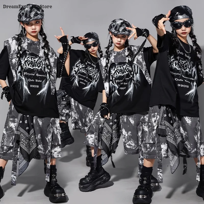 Boys Hip Hop Vest T-shirt Graffiti Shorts Girls K-pop Cargo Pants Streetwear Child Jazz Clothes Sets Kids Street Dance Costumes