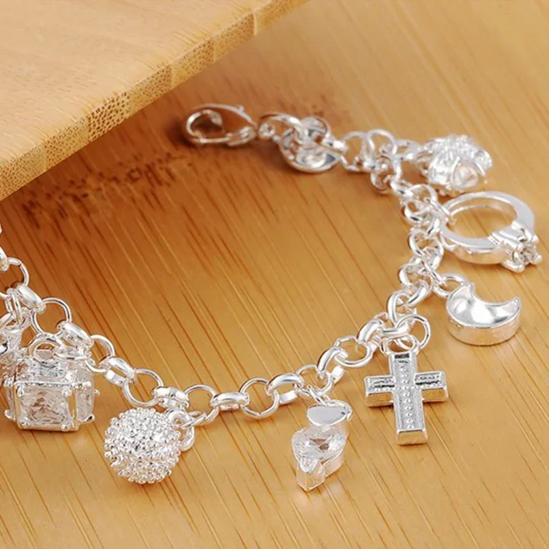 

925 Sterling Silver Fashion 13pcs Pendant Chain Charm Bracelet for Women for Teen Girls Lady Gift Women Fine Jewelry
