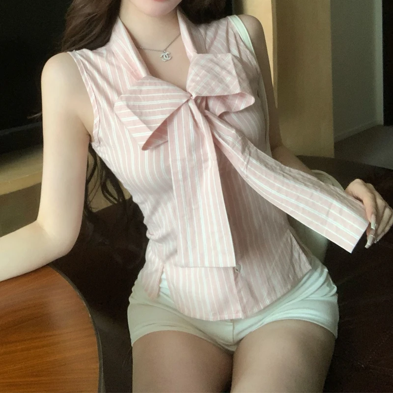 Summer New Polka Dot Sleeveless Sexy Blouse Lacing Patchwork Slim Striped Fashion Short Shirt Tops Y2K Sweet Trend Women Clothes