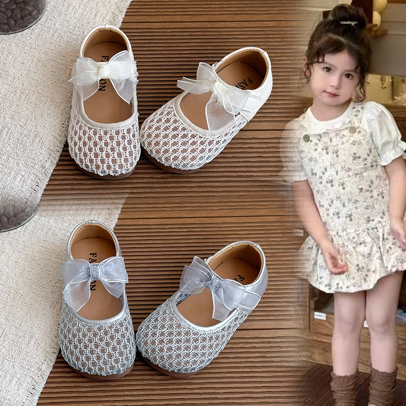 Girls' Summer New Style Sandals Solid Color Mesh Breathable Flat Slip-On with Beautiful Bow Non-Slip Soft Comfortable Sandals