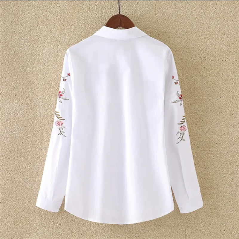 New Cotton Blouses For Women Embroidered Shir Women\'s Shirts Long sleeved Bottom Tops Basic Cardigan Blouse White Female Shirt