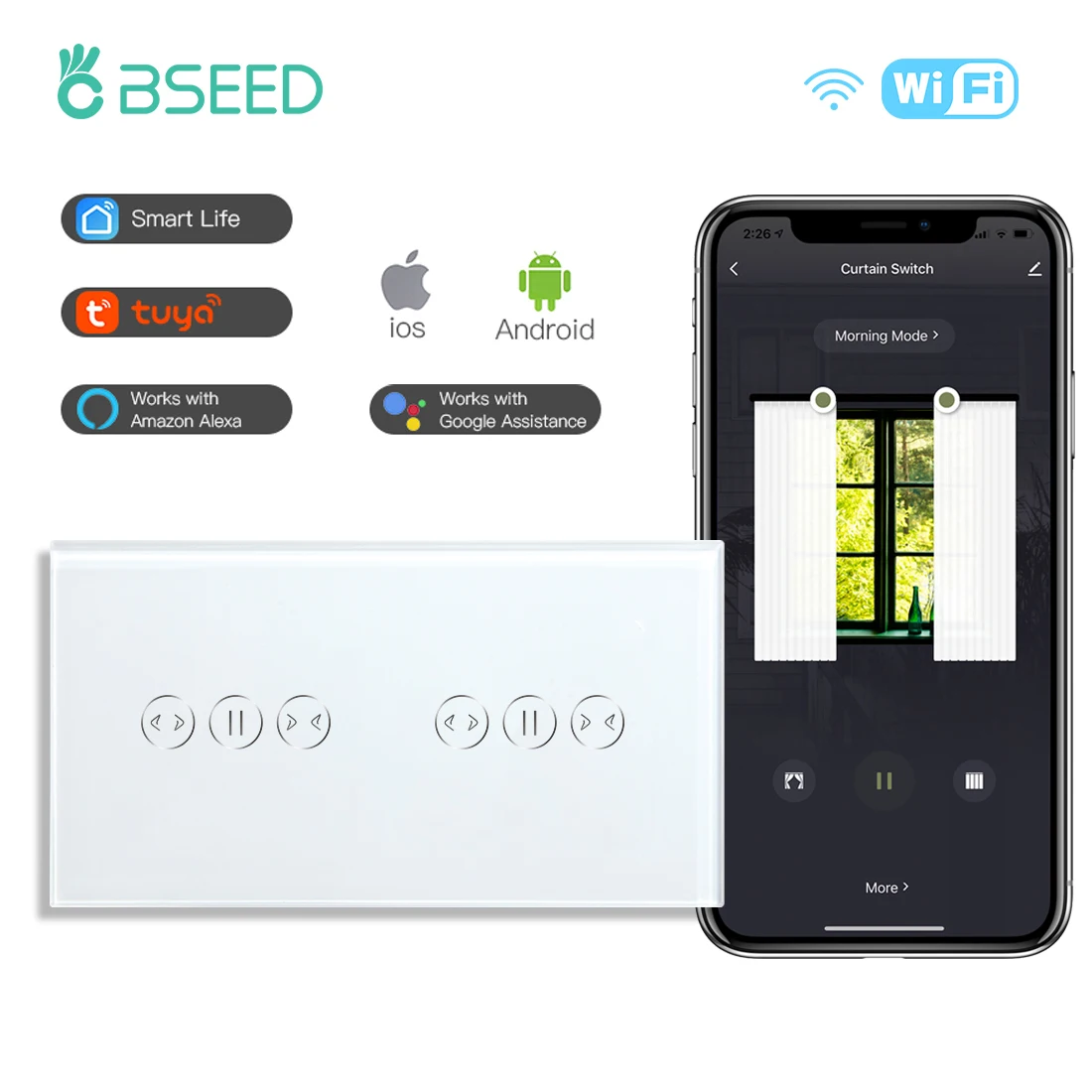 

BSEED WIFI Curtain Switches Smart Tuya Control Touch Switches Double Curtain Wall Switches Google Alexa Home Smart Life APP