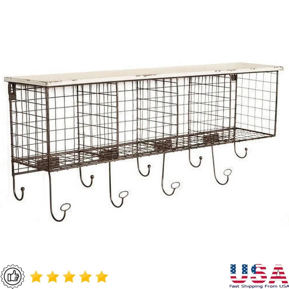 

Four Cubby Metal Wall Shelf with Nine Hooks Distressed Top Space Saving Storage Entry Office Hallway Display