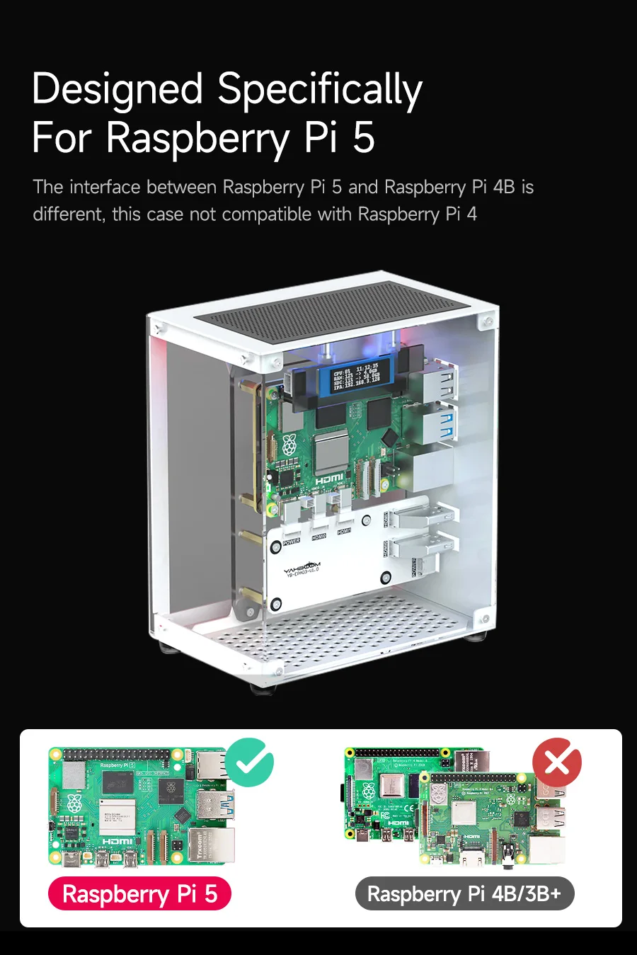 Yahboom Raspberry Pi 5-Schutzhülle, Mini-Kit mit Lüfter und Farbwechsel, Umgebungslicht, unterstützt Installation, M.2 SSD – Detail 8