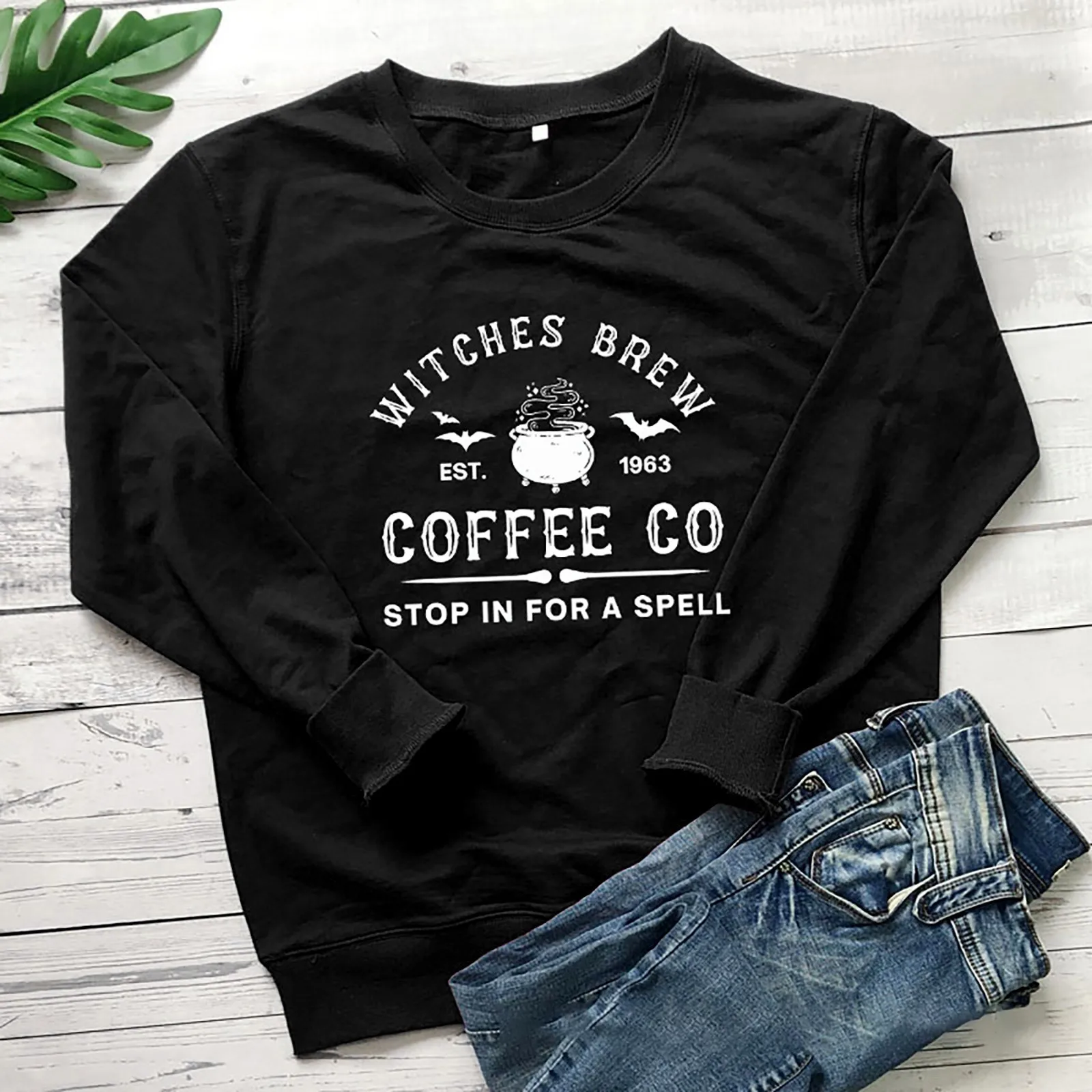 Witches Brew Coffee Letter Printing Simple Solid Color Letter Printing Womens Sweatshirts Long Sleeves Warm Pullover Clothes