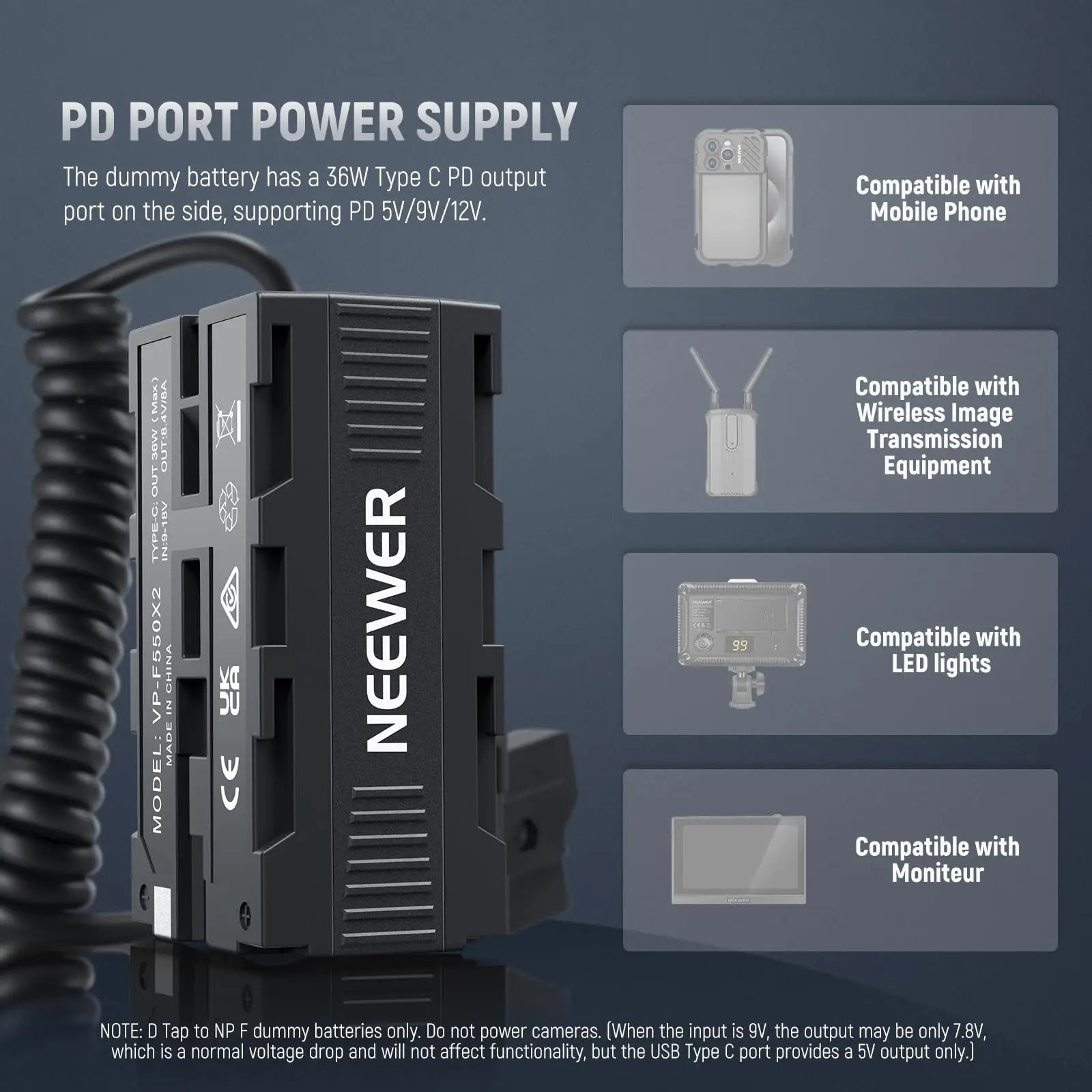 NEEWER Dual Side Dummy Battery Adapter with Display for Atomos Ninja Shinobi Monitors DJI SDR Video Transmitter Sony NP-F970/750 - view 4