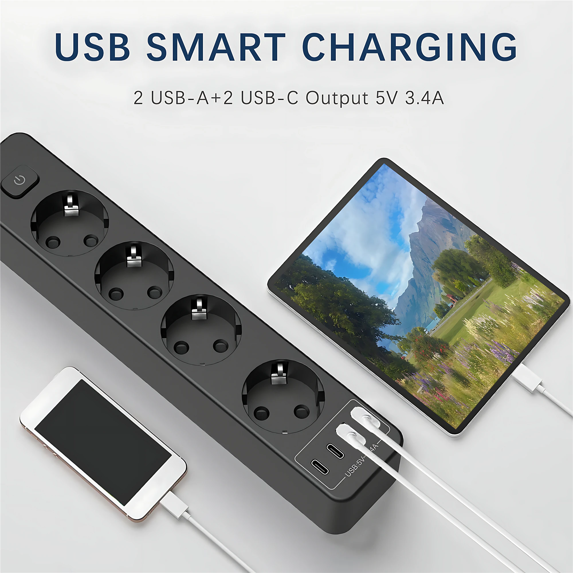 Power Strip Multi Socket Network Filter 4 Outlets 4 USB Port Charging 5.9ft Extension Cable Electical Adapter Surge Protection