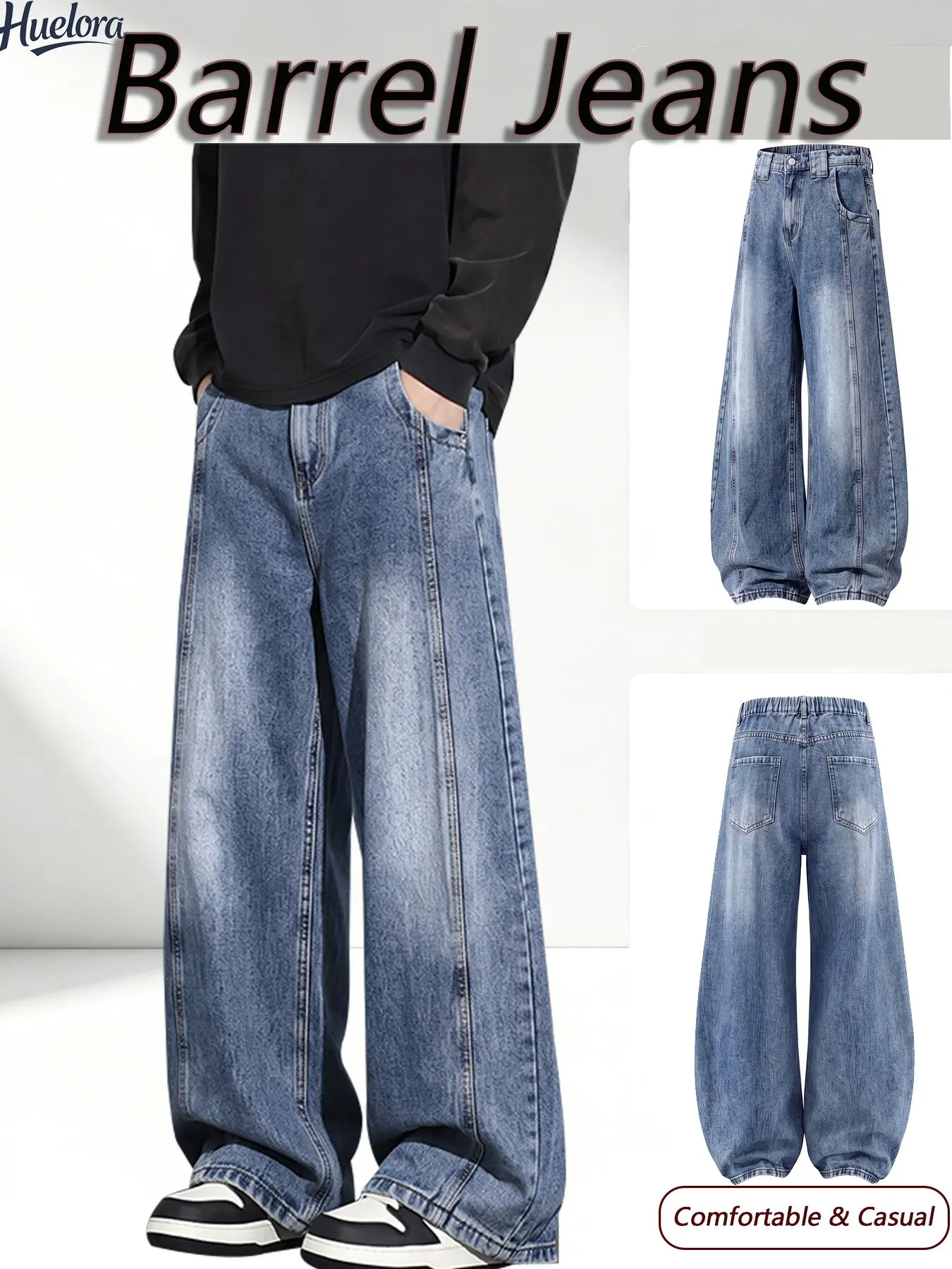 Men Vintage Barrel‑Fit Casual Jeans, Stitching Decor Wide‑Leg Baggy Denim Pants, Elastic Back Waist, Streetwear Style, Plus Size