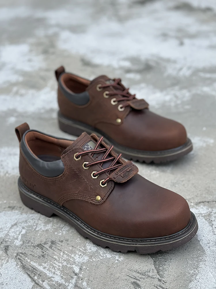 Men Browm Shoes Casual Genuime Leather British Style Shoes Oxford Bottomed Lace-up Work Shoes Low Help Male Boots