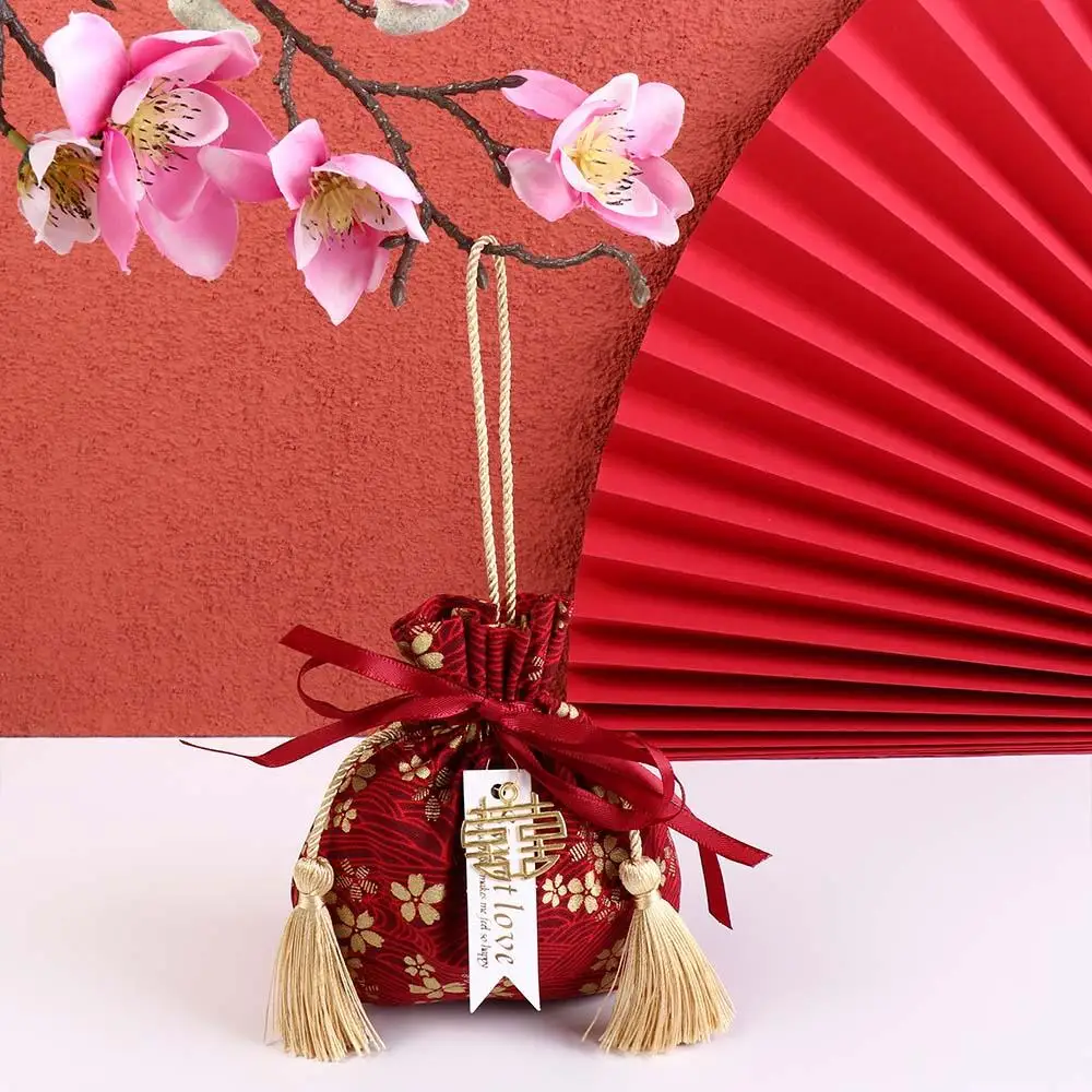 Sakura Canvas Flower Drawstring Bag Stripe Pearl Pendant Wedding Candy Bag Coin Purse Wallet Storage Bag Ribbon Bow Wrist Bag