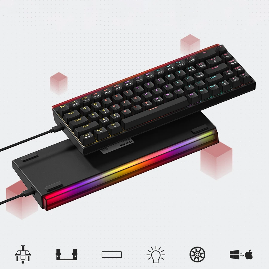 

Womier WK68 PRO Черная проводная механическая клавиатура с RGB-подсветкой, кремовая игровая клавиатура с возможностью горячей замены и световой коробкой, 64 клавиши для ПК