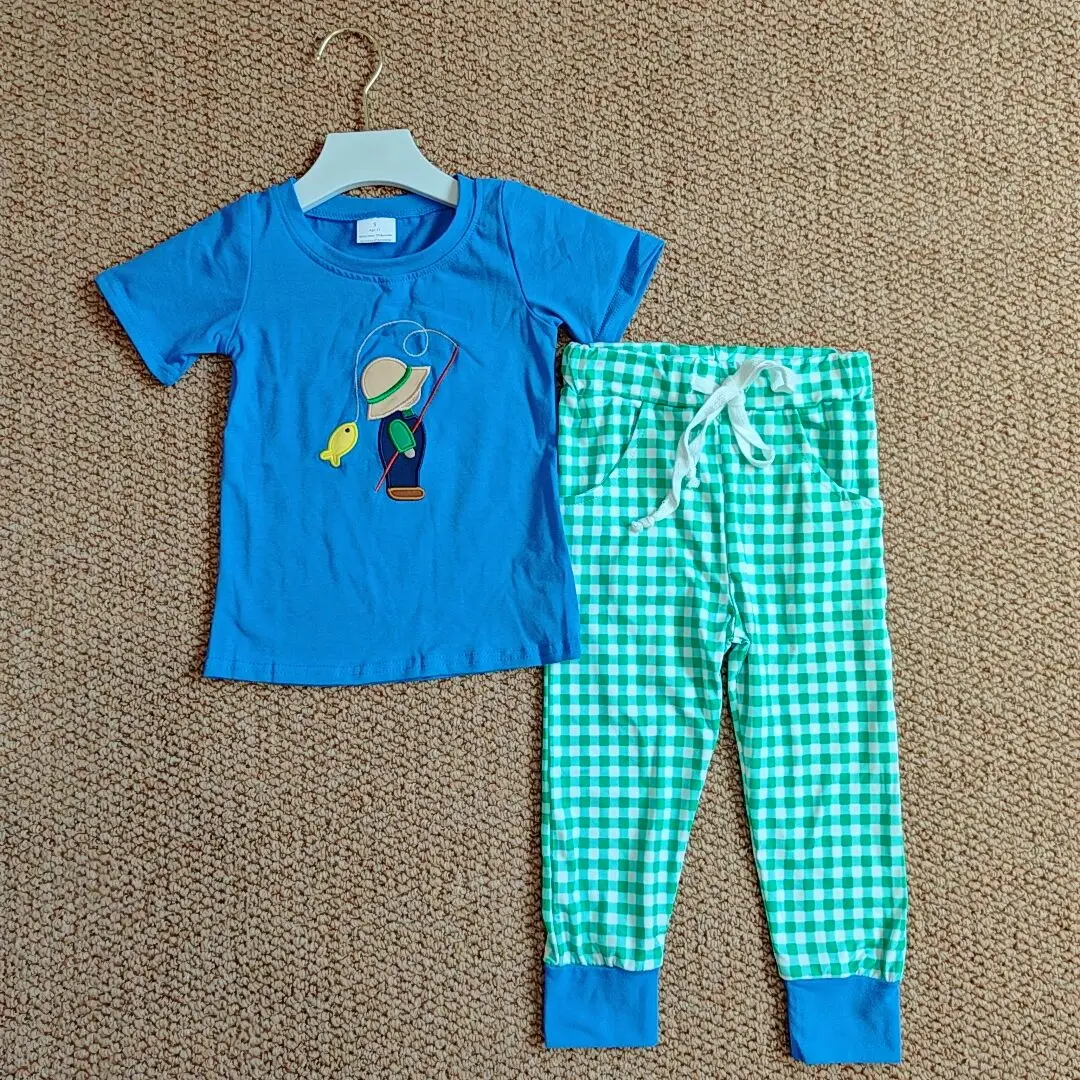 

9.25 Embroidery Baby Boys Blue Fishing Shirt Checkered Pants Clothes Sets