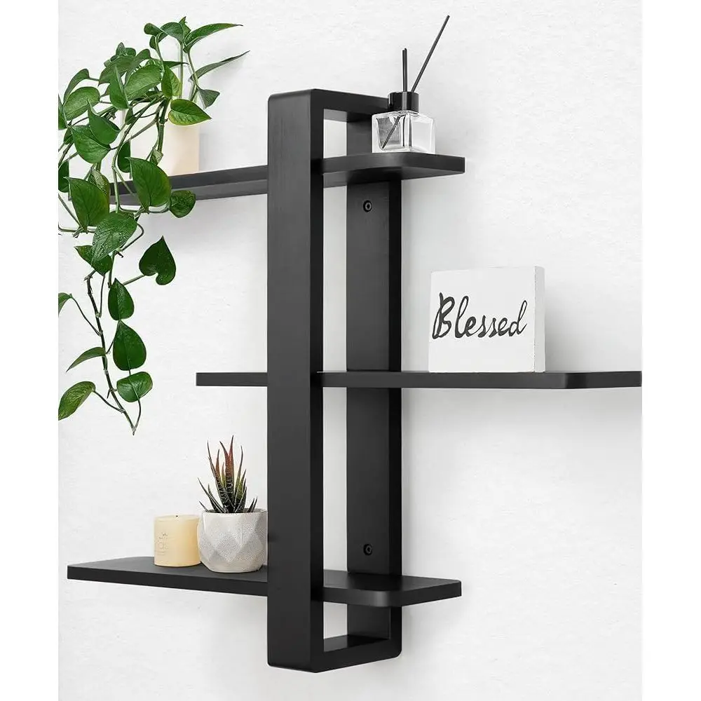 

Черные плавающие полки для настенных стеллажей из цельной сосны, 3-х уровневая большая полка для спальни, гостиной, офиса, ванной комнаты H