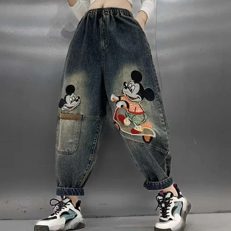 

2026 Mickey Mouse Women's High-Waisted Jeans - Stretchy Cotton Blend Embroidered Straight Leg Work & Daily Pants