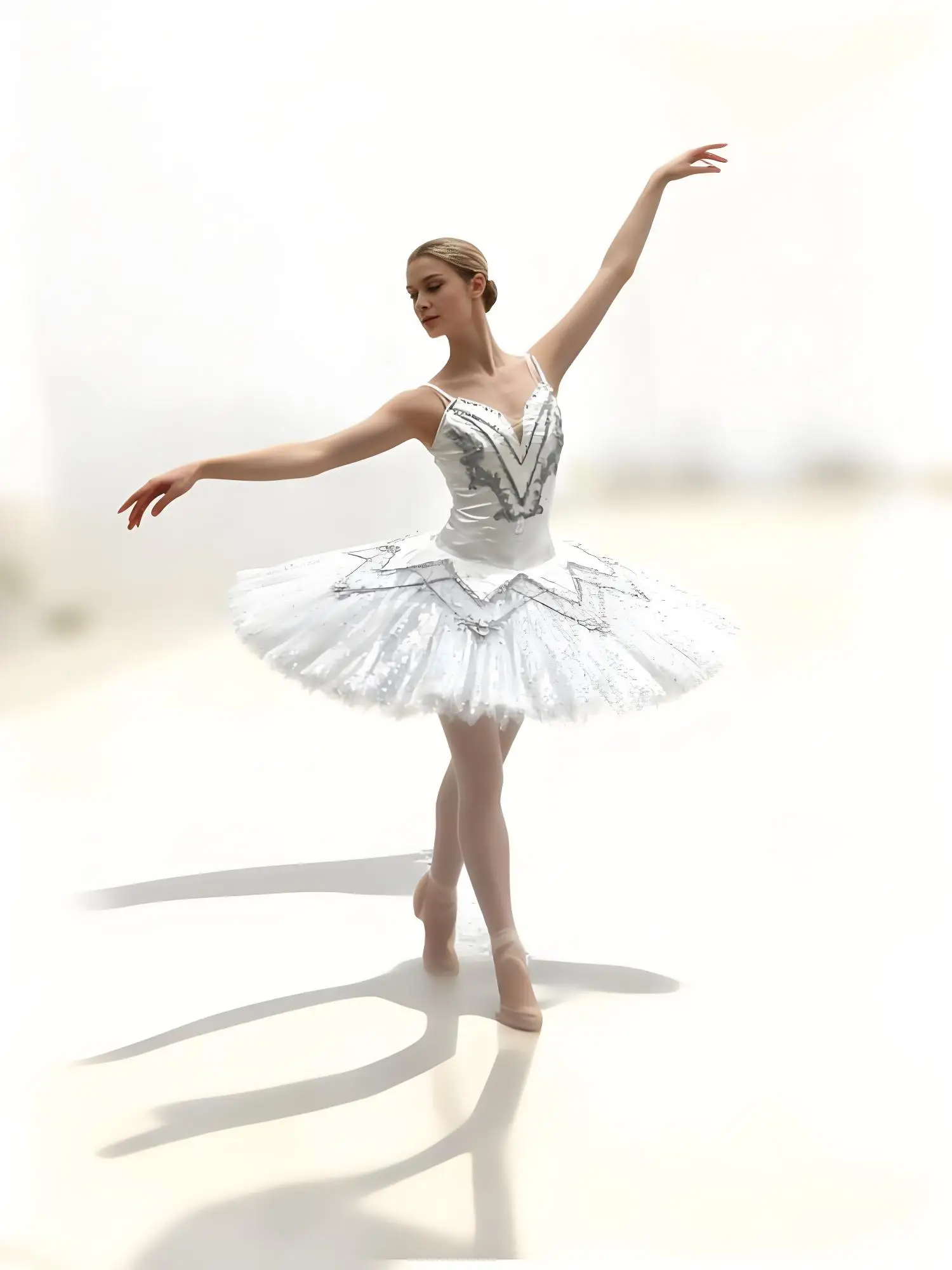 

Adult White Ballet Performance Dress with Silver Decor
