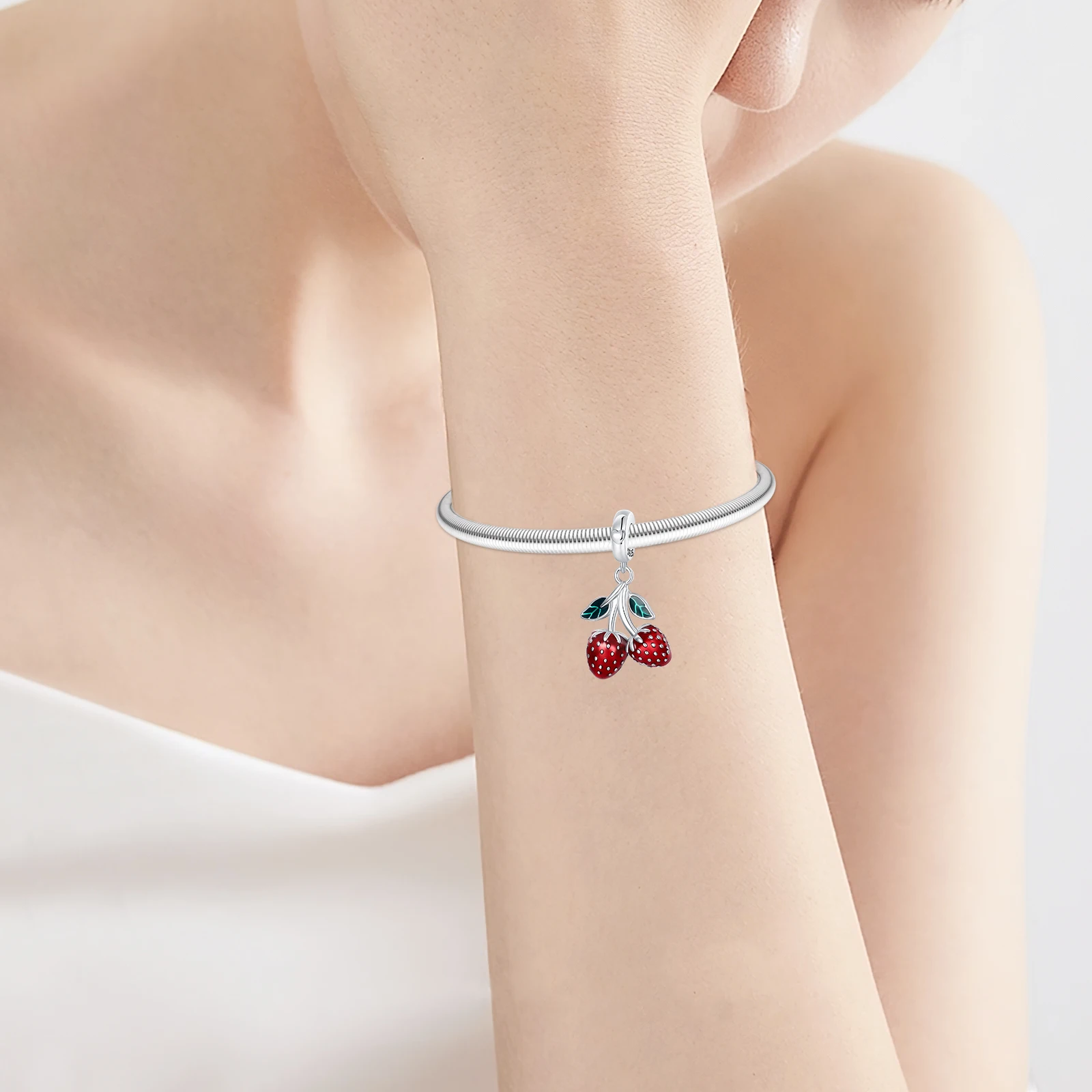 925 Sterling Silver Red Enamel Strawberry Dangle Charm Fruit Pendant Bead Fit Bracelets for Women Girls DIY Jewelry Making Gift - view 5