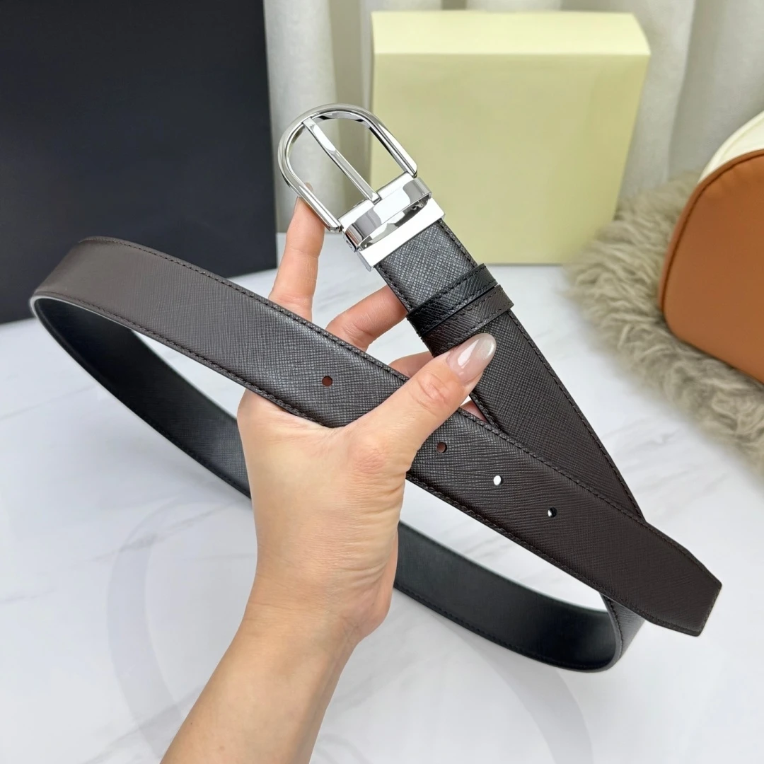 Business Formal Waist Strap Luxury Brand Men's Reversible Cross-Grain Belt Rotatable Oval Pin Buckle Black Brown Dual‑Sided