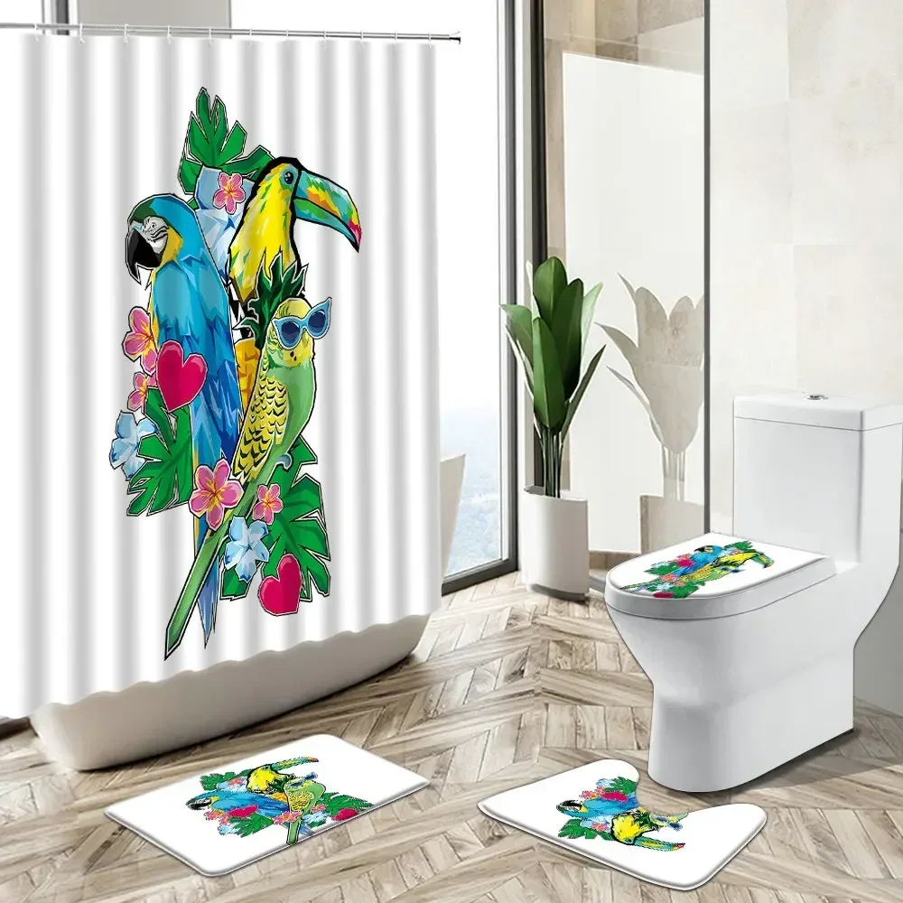 Parrot Bird Animal Shower Curtain Summer Tropical Jungle Plant Flower Scenery Home Decor Non-Slip Rug Toilet Cover Bath Mat Set