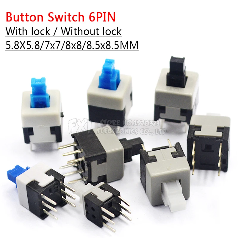 50PCS 5.8*5.8 7*7 8*8 8.5*8.5mm Self Locking Push Tactile Power Micro Switch Kit 6 Pin Button Switches