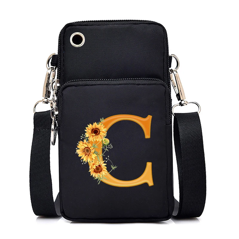 Sunflower 26 Letter Alphabet Small Shoulder Bags Women Mobile Phone Bag Mini Crossbody Messenger Purse Bag Lady Purses Handbags