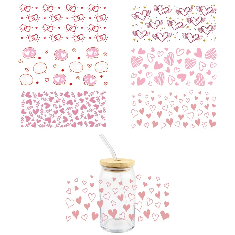 

Valentine's Day UV DTF Wrap Transfer Stickers Pink Heart Design DTF Wrap For Glasses Cups Mugs Waterproof DIY Decal