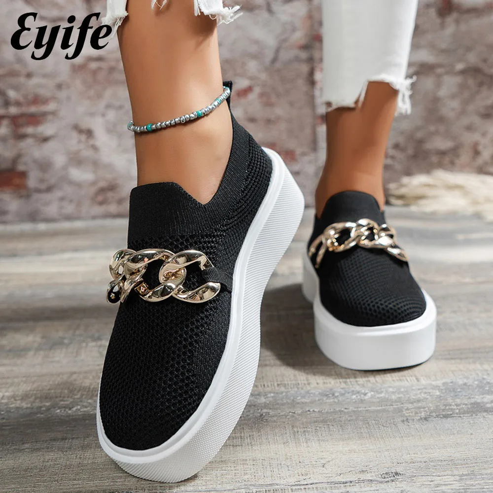 

Women's Chain Sneakers 2024 Spring New Fashion Knitted Fabric Ladies Slip On Comfy Loafers 36-43 Large-Sized Female Sport Flats