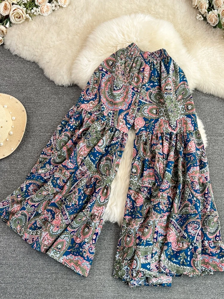 Floral capri calças de perna larga saia verão palazos cintura elástica casual calças largas férias bainha grande queimado calças de praia