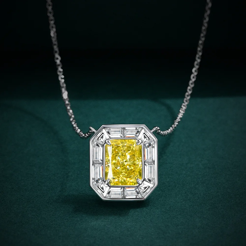 S925 Silver New Necklace Female 4ct Simulation Diamond Goose Yellow 8 * 10 High Carbon Diamond Pendant 40+3cm Wedding Jewelry