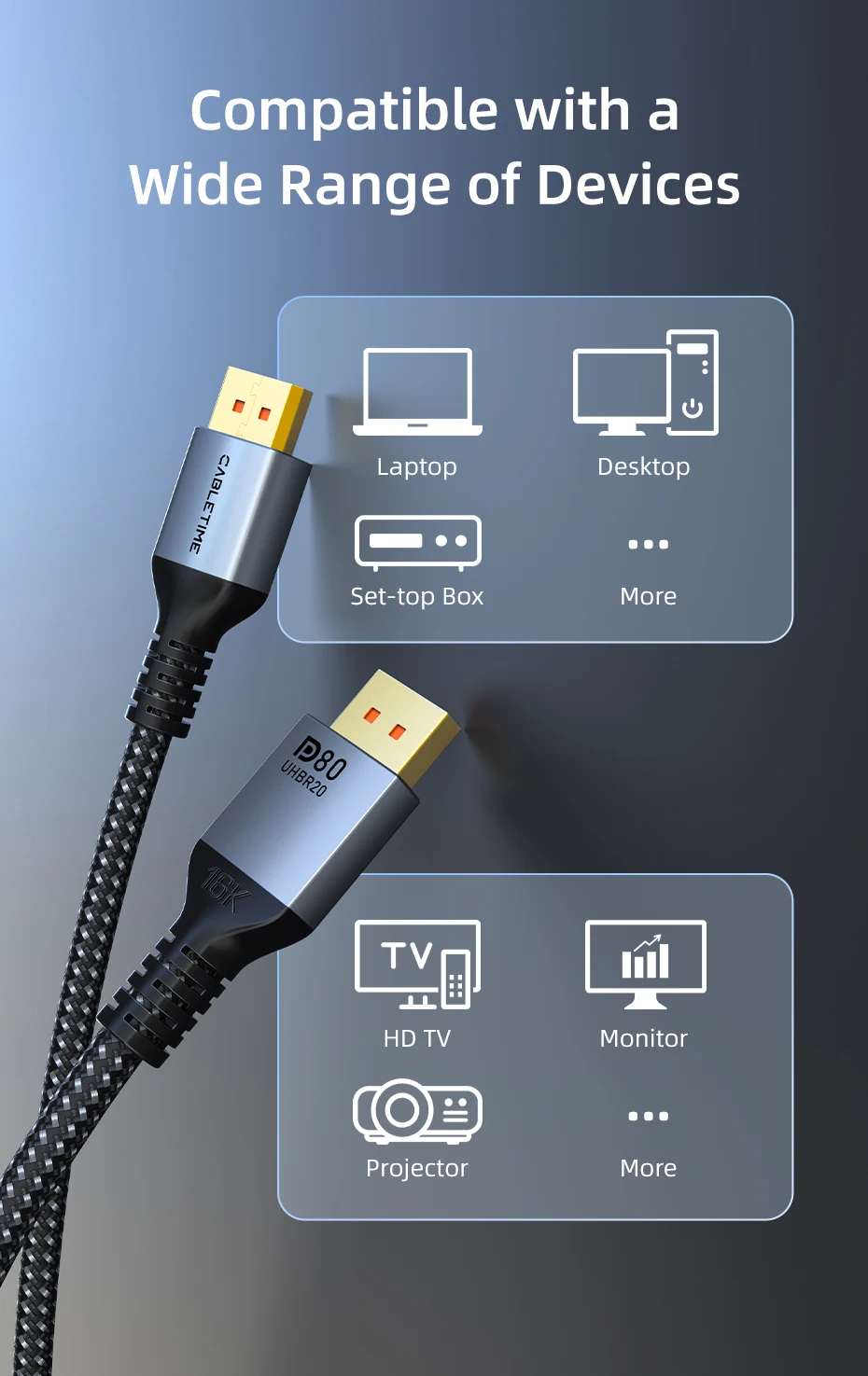 CABLETIME 16K DisplayPort-Kabel DP 2.1 8K@120Hz 4K@240Hz 80 Gbit/s HDR-Video-Audiokabel für HDTV-Kamera-Projektor PC-Display-Port – Detail 10