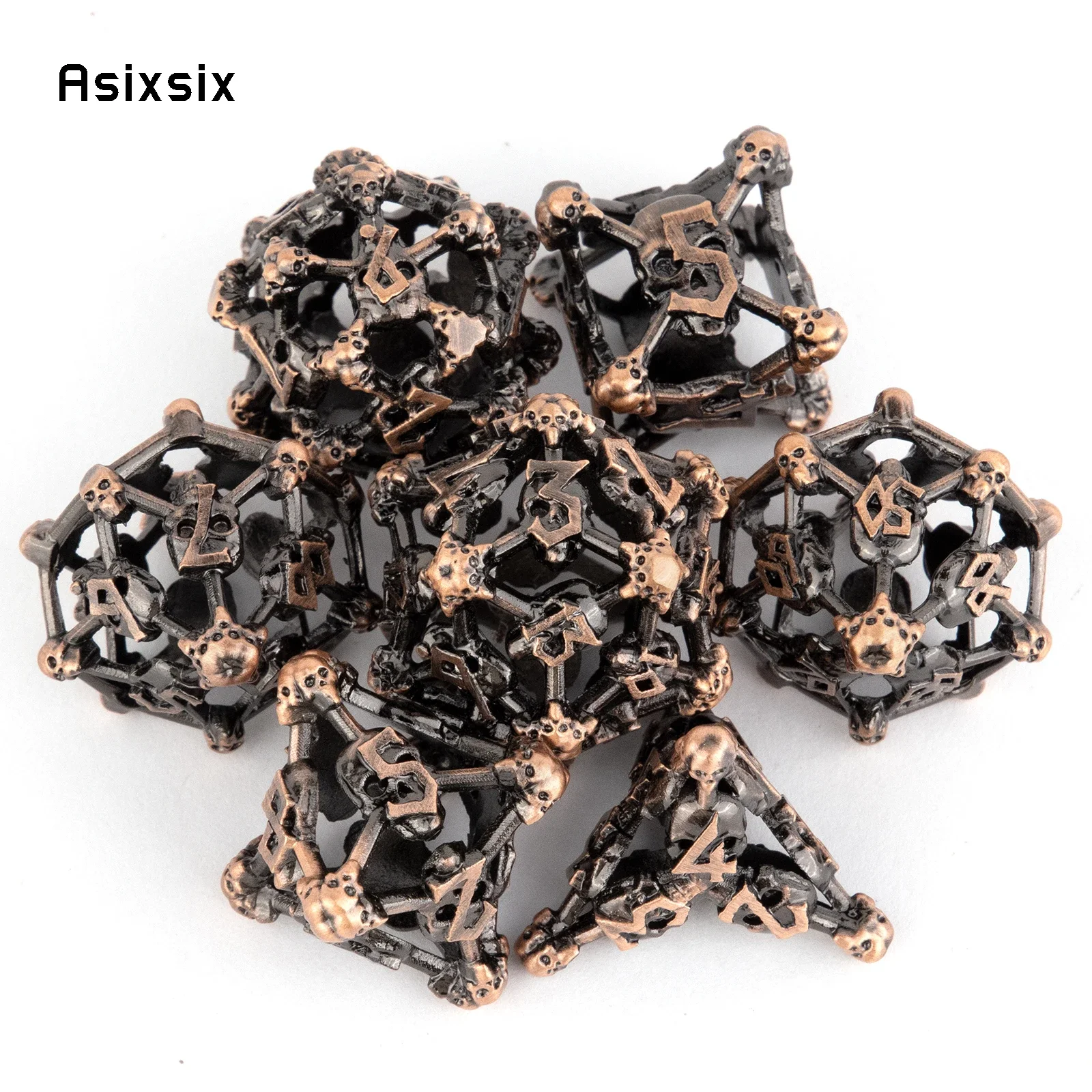 

7 Pcs Copper Skull Head Metal Dice Hollow Metal Polyhedral Dice Set Suitable for Role-Playing RPG Board Game Card Game