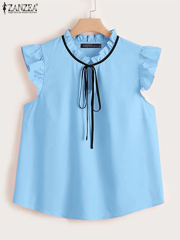 

2025 Women Summer Sleeveless Blouse Elegant Tanks Tops ZANZEA Stylish Holiday Shirt Casual O Neck OL Work Tees Bow Chemise Mujer