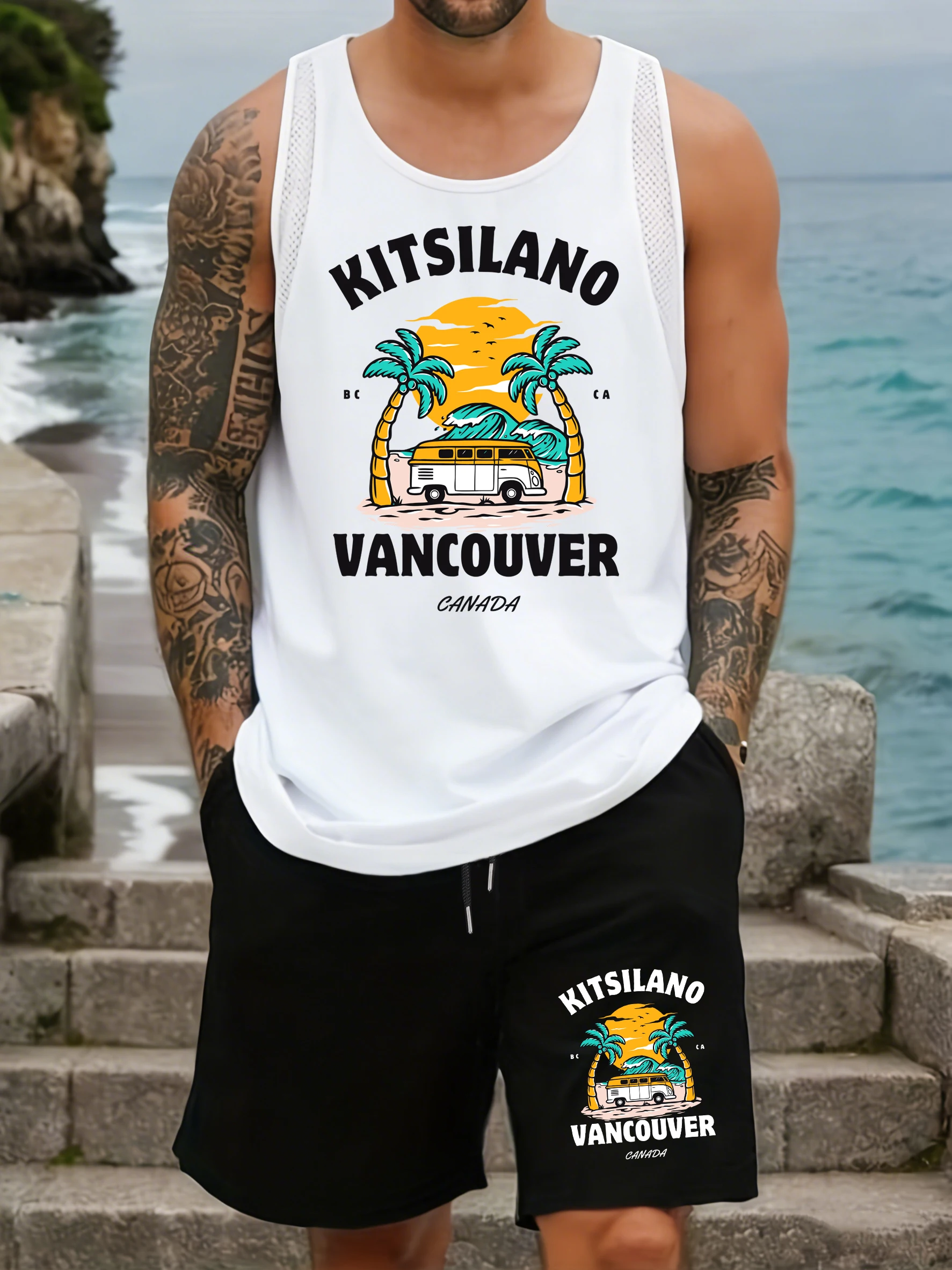

Vancouver Canada Wave Coconut Tree Men Mesh Tank Tops Set Drawstring Pocket Pant Sleeveless O-Neck Vest Summer Wide-Leg Shorts