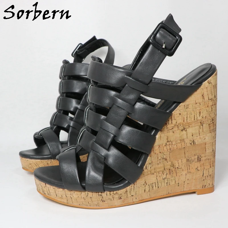 Sorbern Black Matte Wedge Sandals For Women Multi Straps Slingback Cork Platform Summer Shoes Custom Multi Colors